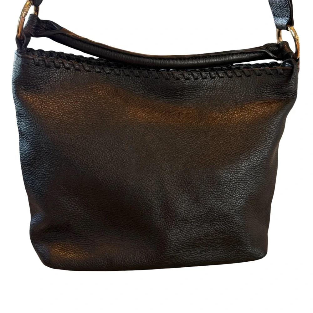 Tommy Bahama Black Pebble Leather Shoulder Bag with Front Zip-Dual Straps - Picture 1 of 6